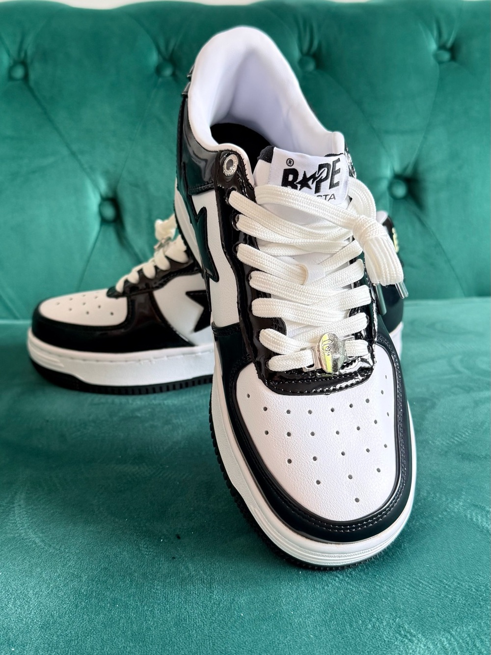 Bape STA Low Top Sneakers in White and Black with Dark Green Star